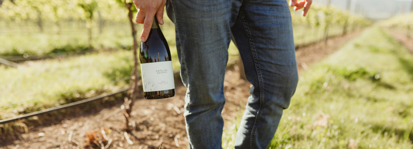 A man holding a bottle of Catalina Sounds wine at the vineyard